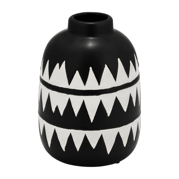 Cer, 9"h Tribal Flower Vase, Black/white