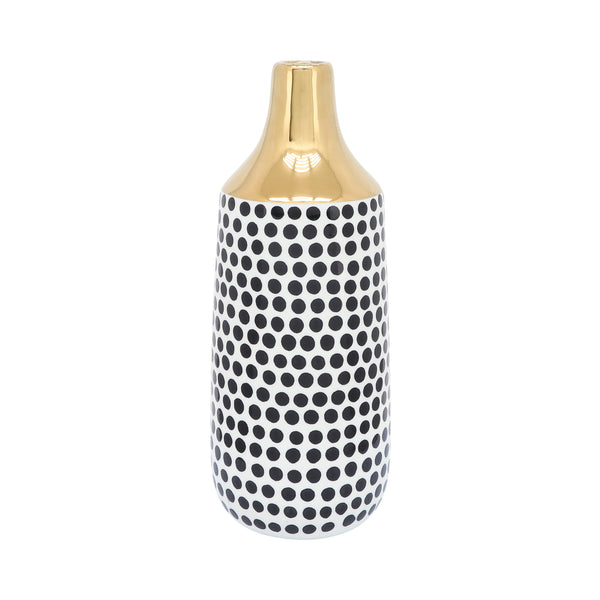 Cer, 16"h Polka Dots Vase, Gold/white