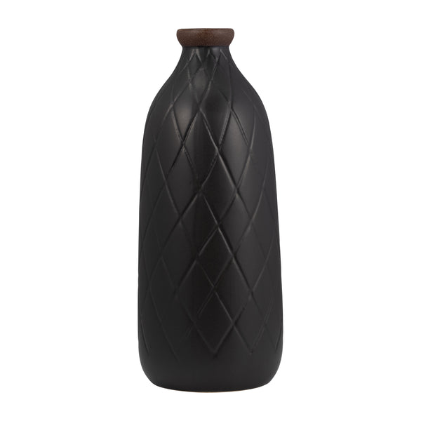 Cer, 16" Plaid Textured Vase, Black