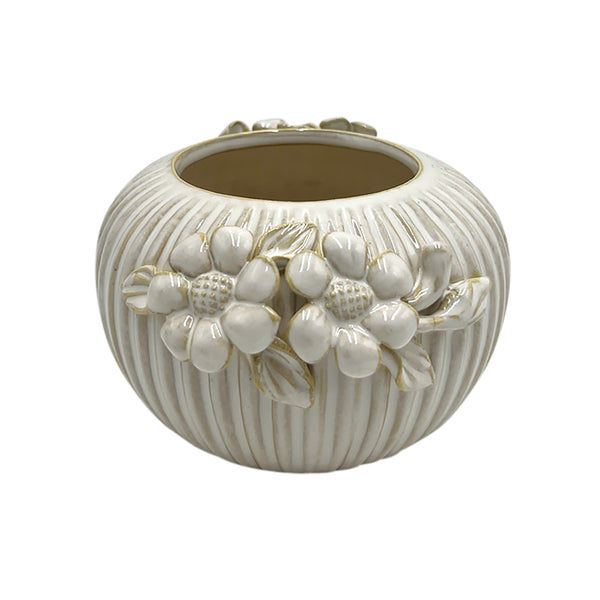 5" Ribbed Planter With Flowers, Ivory