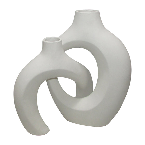 Cer, S/2 11/13" Interlocking Vases, White