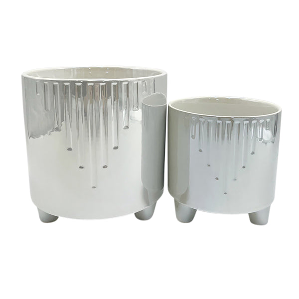 S/2 6/8" Iridescent Line Footed Planters, Ivory