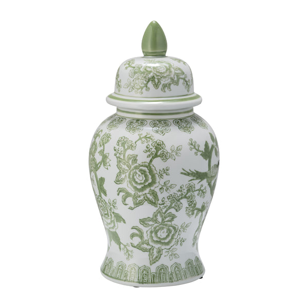 Cer, 14" Temple Jar Bird/flower, Green