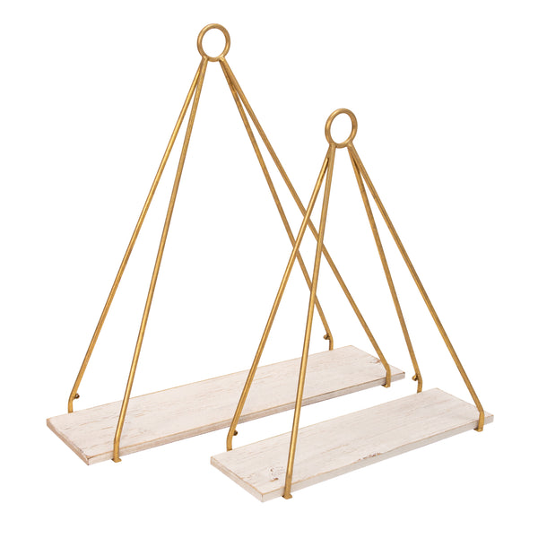 S/2 Metal/wood 20/24" Triangle Shelf, White/gold