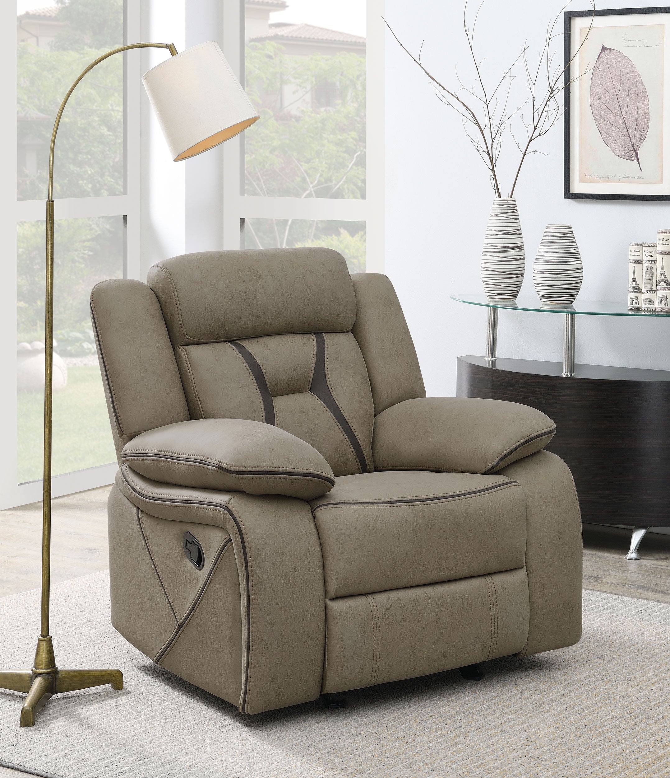 Higgins Overstuffed Upholstered Glider Recliner Tan