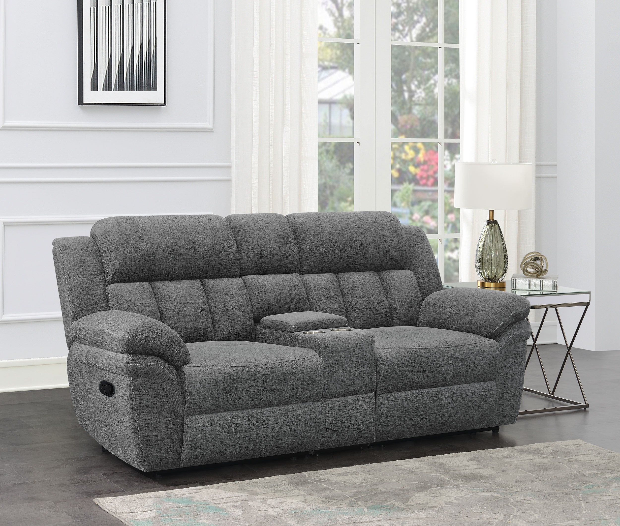 Bahrain Upholstered Motion Loveseat with Console Charcoal