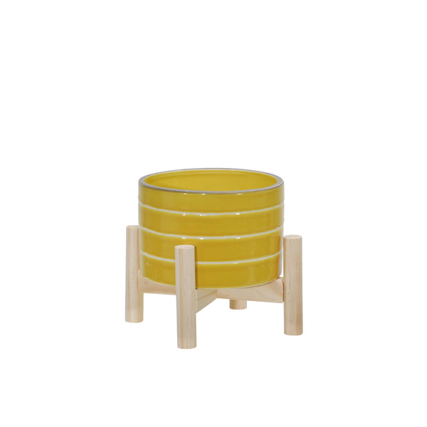 6" Ceramic Striped Planter W/ Wood Stand, Yellow