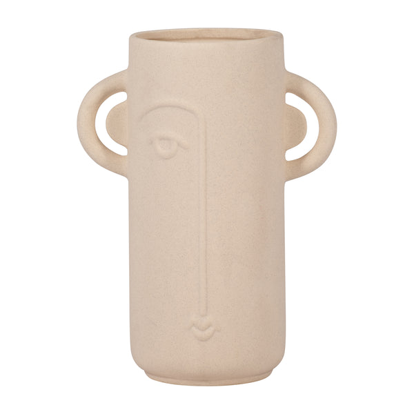 Cer, 10" Face Vase W/ Handles, Ivory