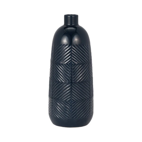 Cer, 14" Textured Lines Vase, Navy