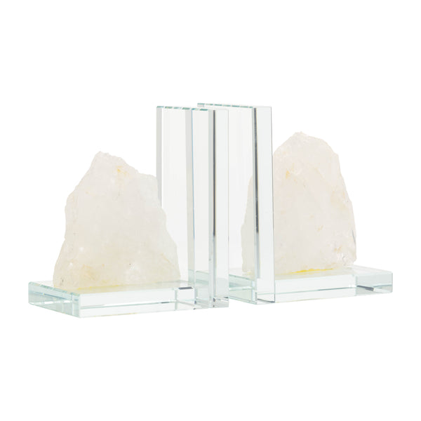 Glass, S/2 5"h Bookends With White Stone, Clear