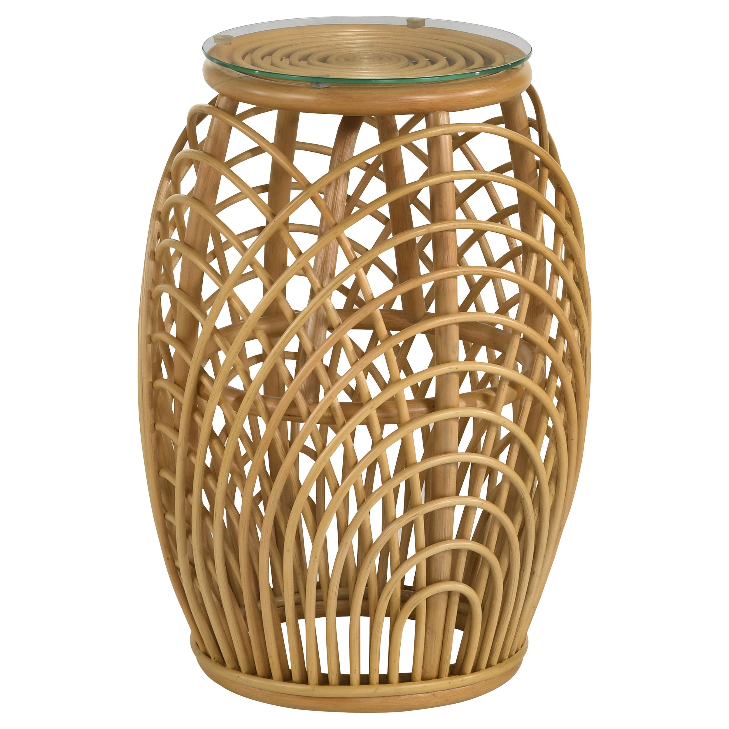 Dahlia Round Glass Top Woven Rattan End Table Natural Brown