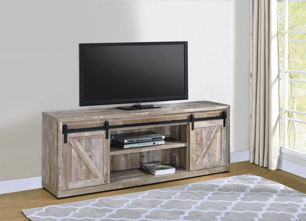 Brockton 71-inch 3-shelf Sliding Doors TV Console Weathered Oak