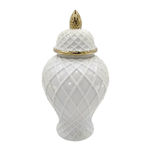 Cer, 14"h Rope Temple Jar, White/gold