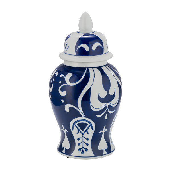 Ec Cer,14" White/blue Temple Jar