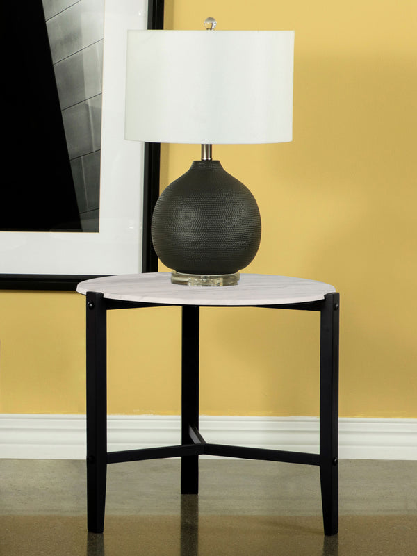 Tandi Round End Table Faux White Marble and Black