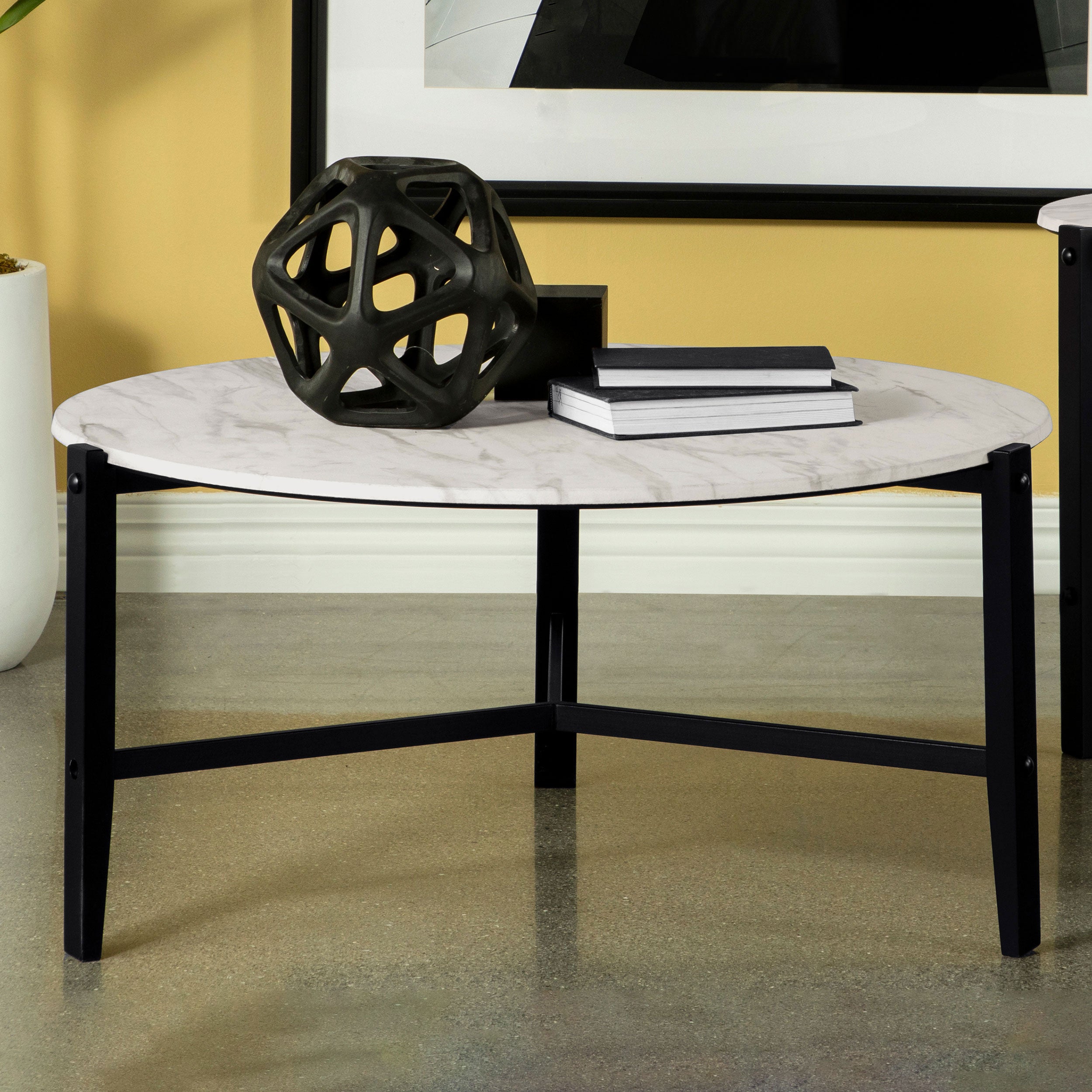 Tandi Round Coffee Table Faux White Marble and Black