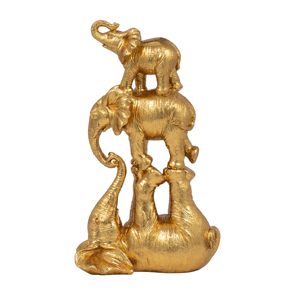 Resin, 10" Stacked Playing Elephants, Gold