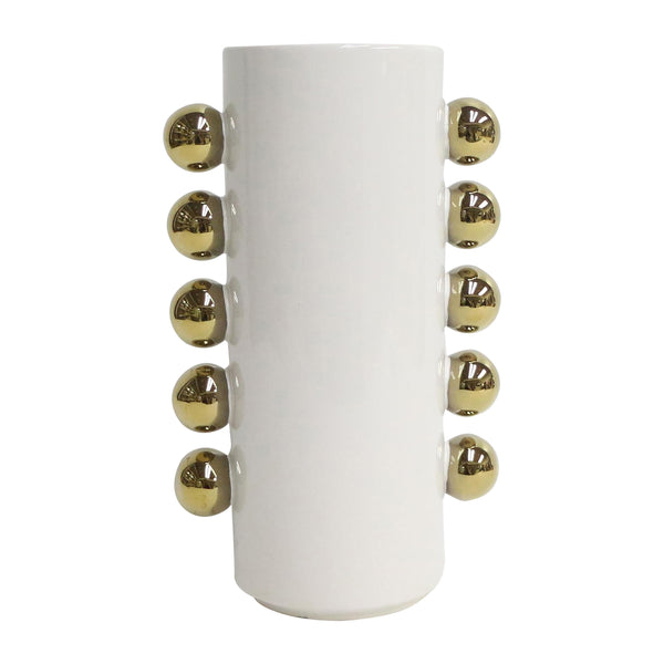 Cer, 10" Vase W/ Side Knobs, White/gold