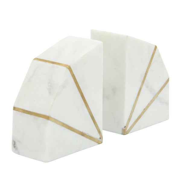 S/2 Marble 5"h Accent Bookends W/gold Inlays,wht