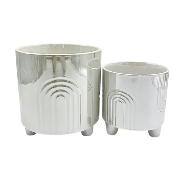 S/2 6/8" Iridescent Bravais Footed Planters, Ivory