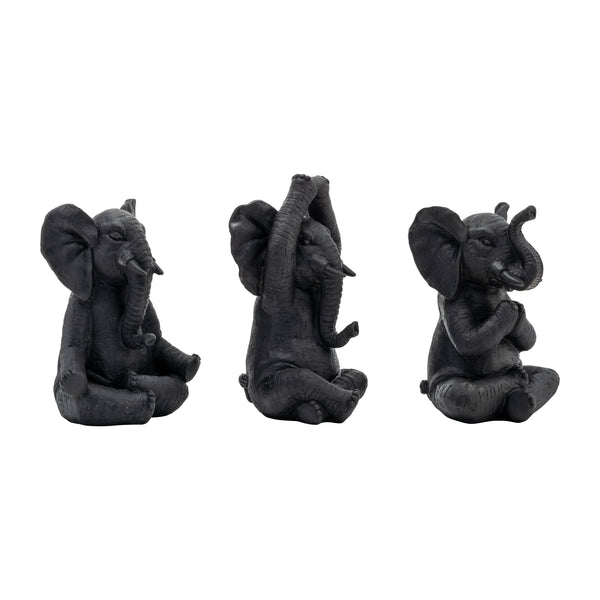 Resin, S/3, 8"h, Yoga Elephants, Blk