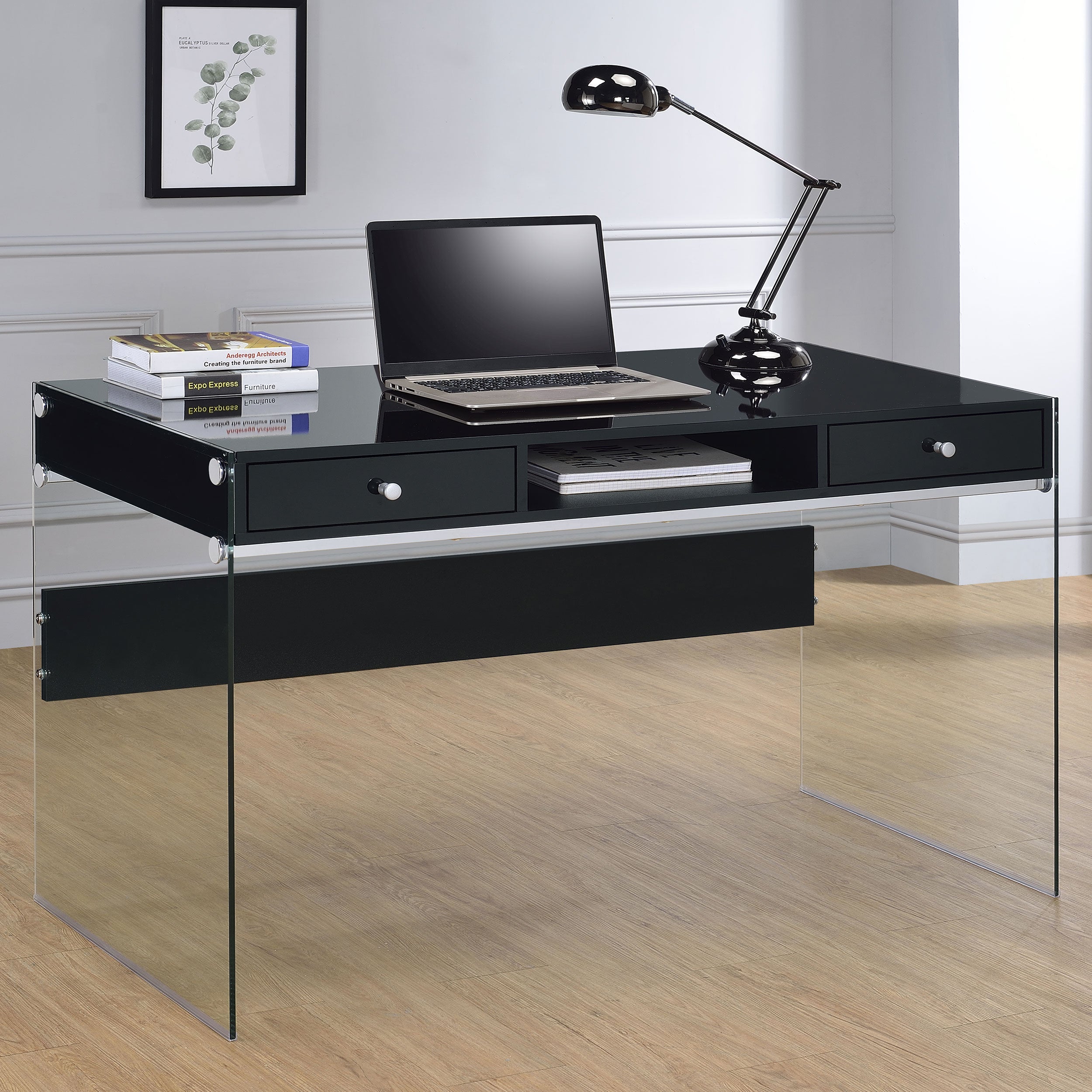 Dobrev 2-drawer Writing Desk Glossy Black and Clear