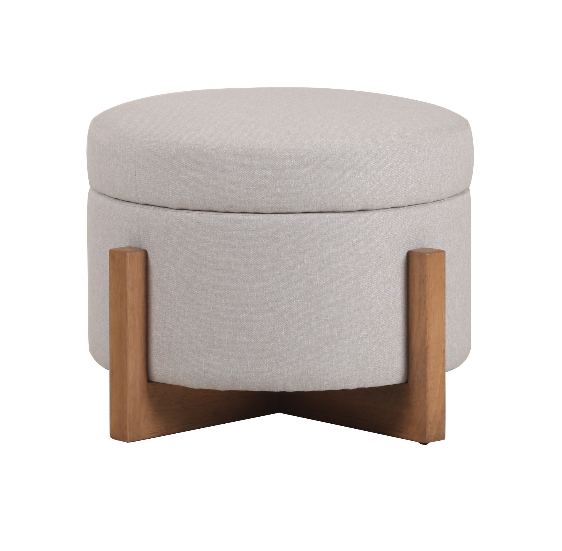 Modrest Sada - Mid-Century Modern Beige Linen + Chestnut Round Ottoman