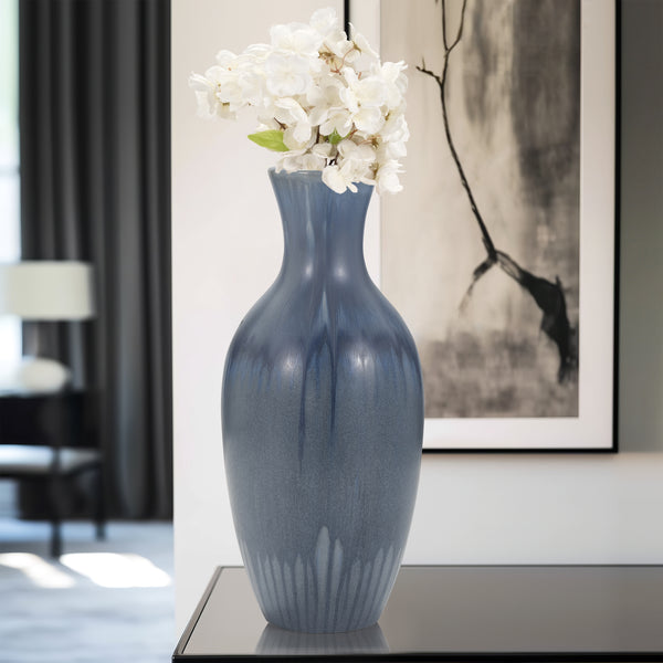 Cer, 19" Reactive Drip Vase, Blue