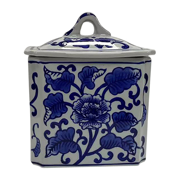 Cer, 6" 13oz Rect Chinoiserie Candle W/lid,blu/wht