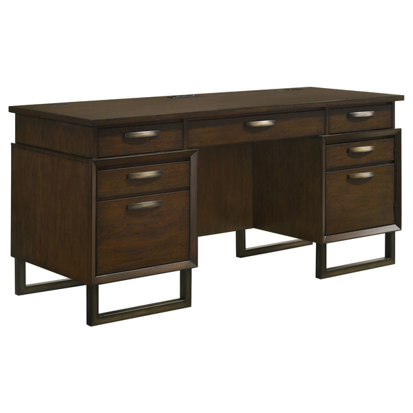 Marshall 5-drawer Credenza Desk With Power Outlet Dark Walnut and Gunmetal