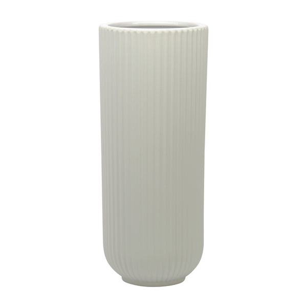 Cer, 11"h Ridged Vase, White