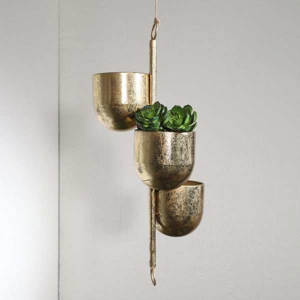 Metal 4"  3-hanging Planters, Gold