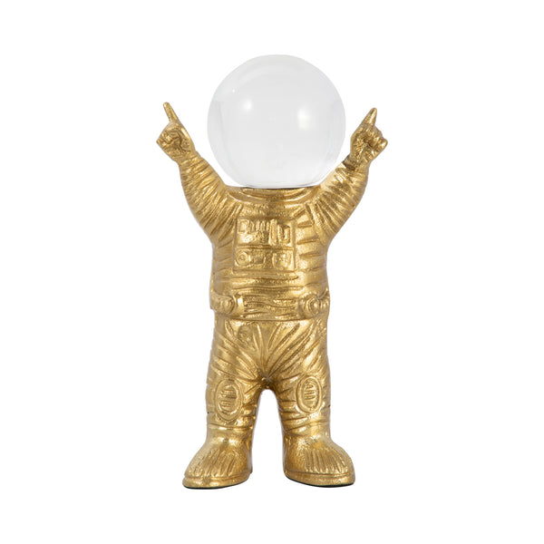 Metal, 10" Astronaut W Crystal Orb Head, Gold/clea