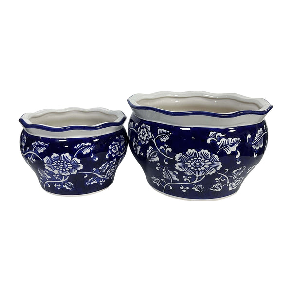 Cer, S/2 6/8" Round Chinoisere Planters, Blue/wht
