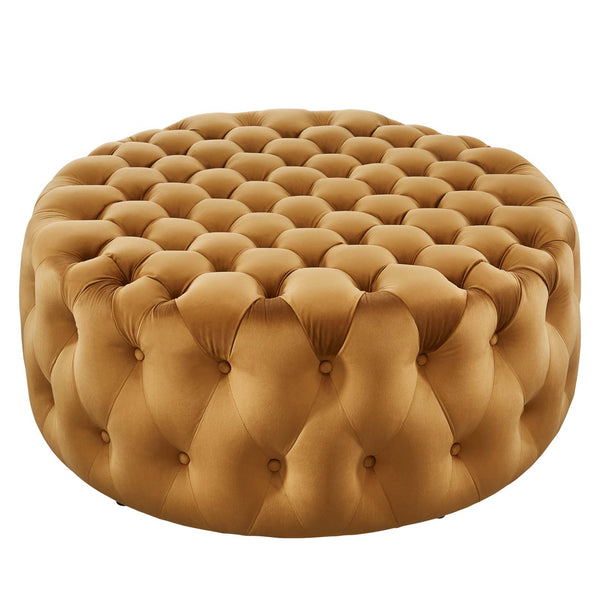 Amour Tufted Button Large Round Performance Velvet Ottoman