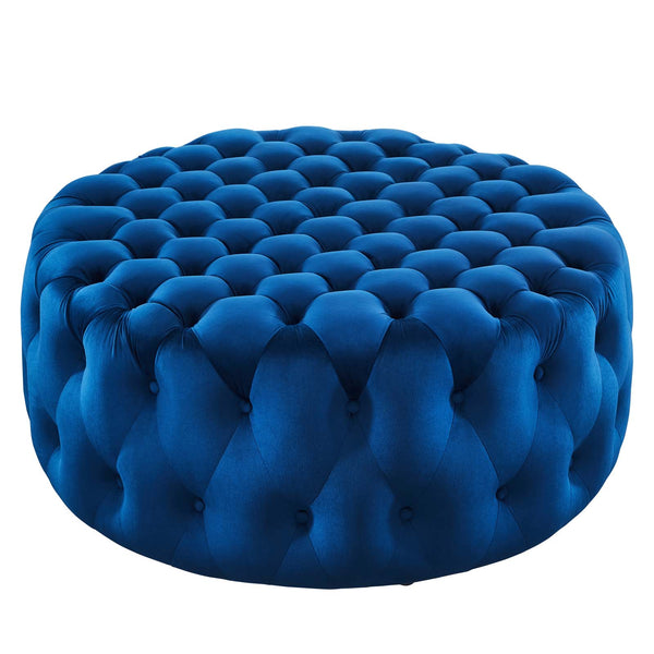 Amour Tufted Button Large Round Performance Velvet Ottoman