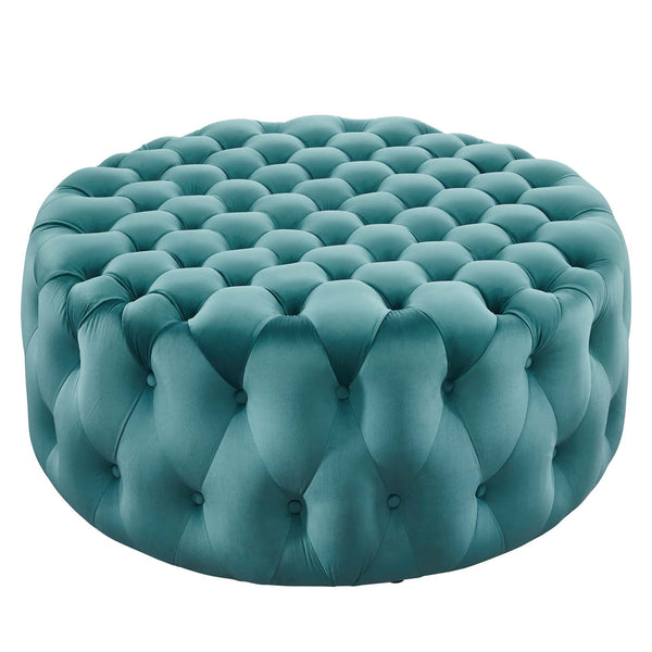 Amour Tufted Button Large Round Performance Velvet Ottoman