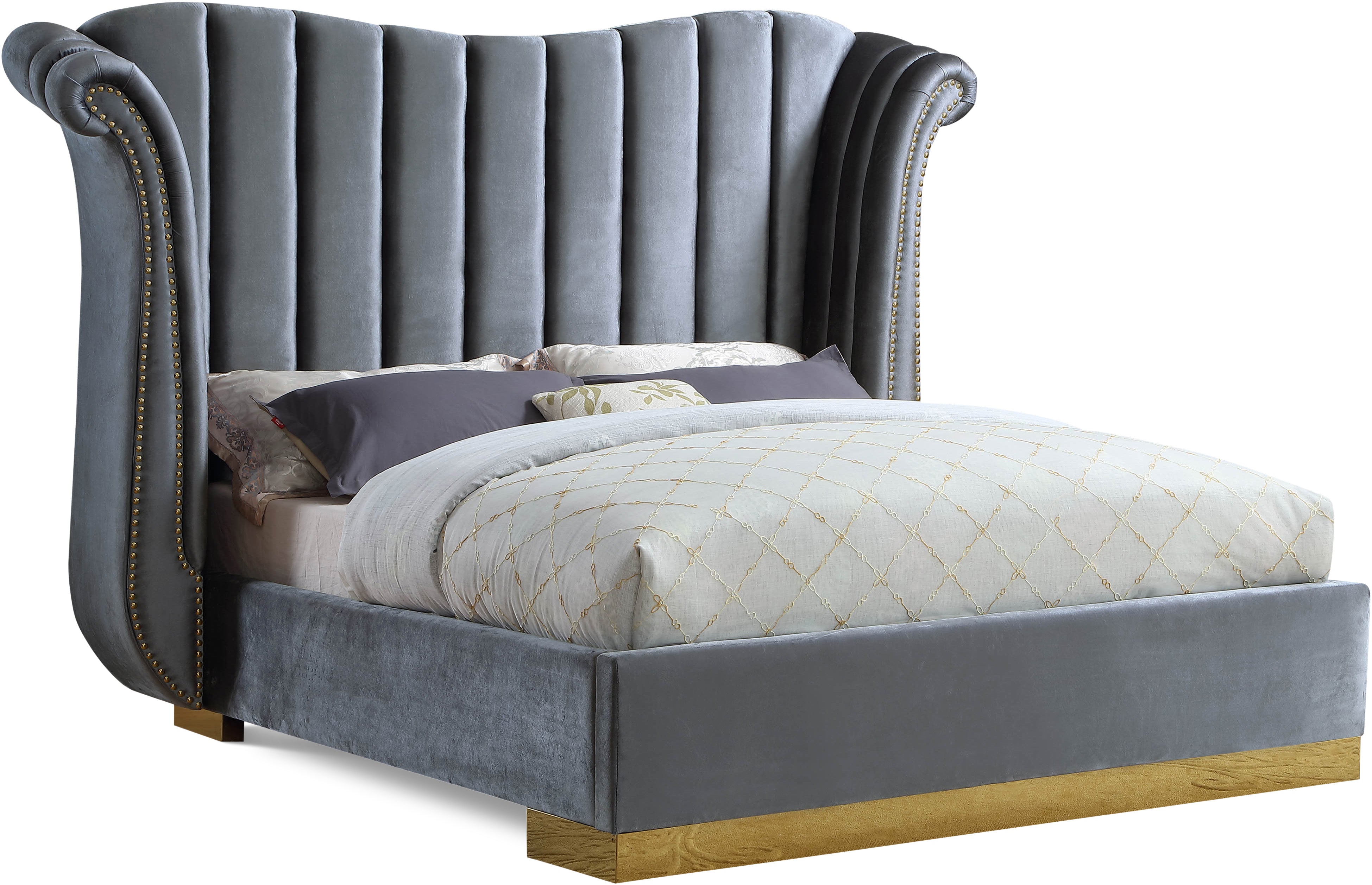 Flora Grey Velvet King Bed (3 Boxes)