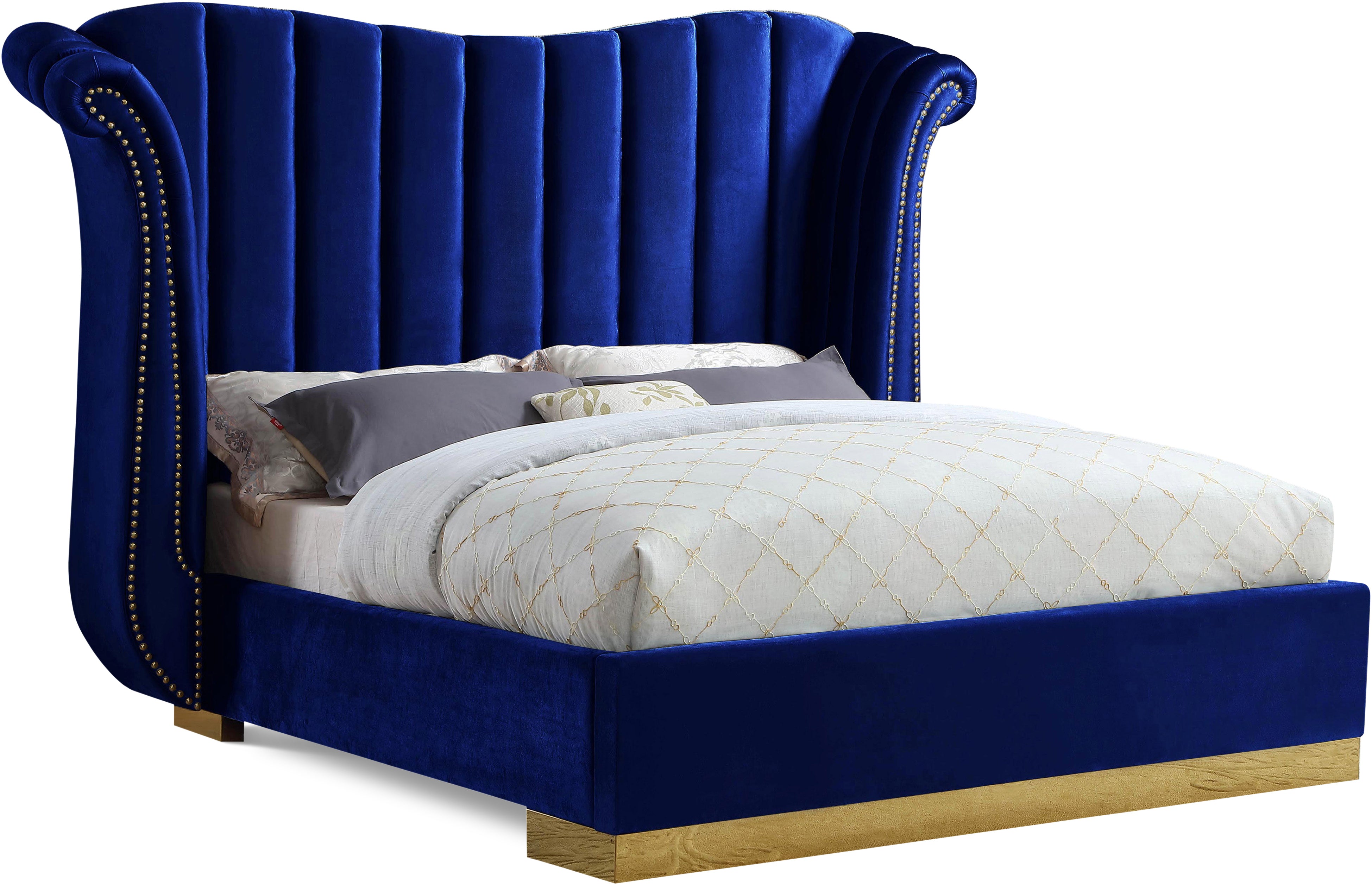 Flora Navy Velvet Queen Bed (3 Boxes)