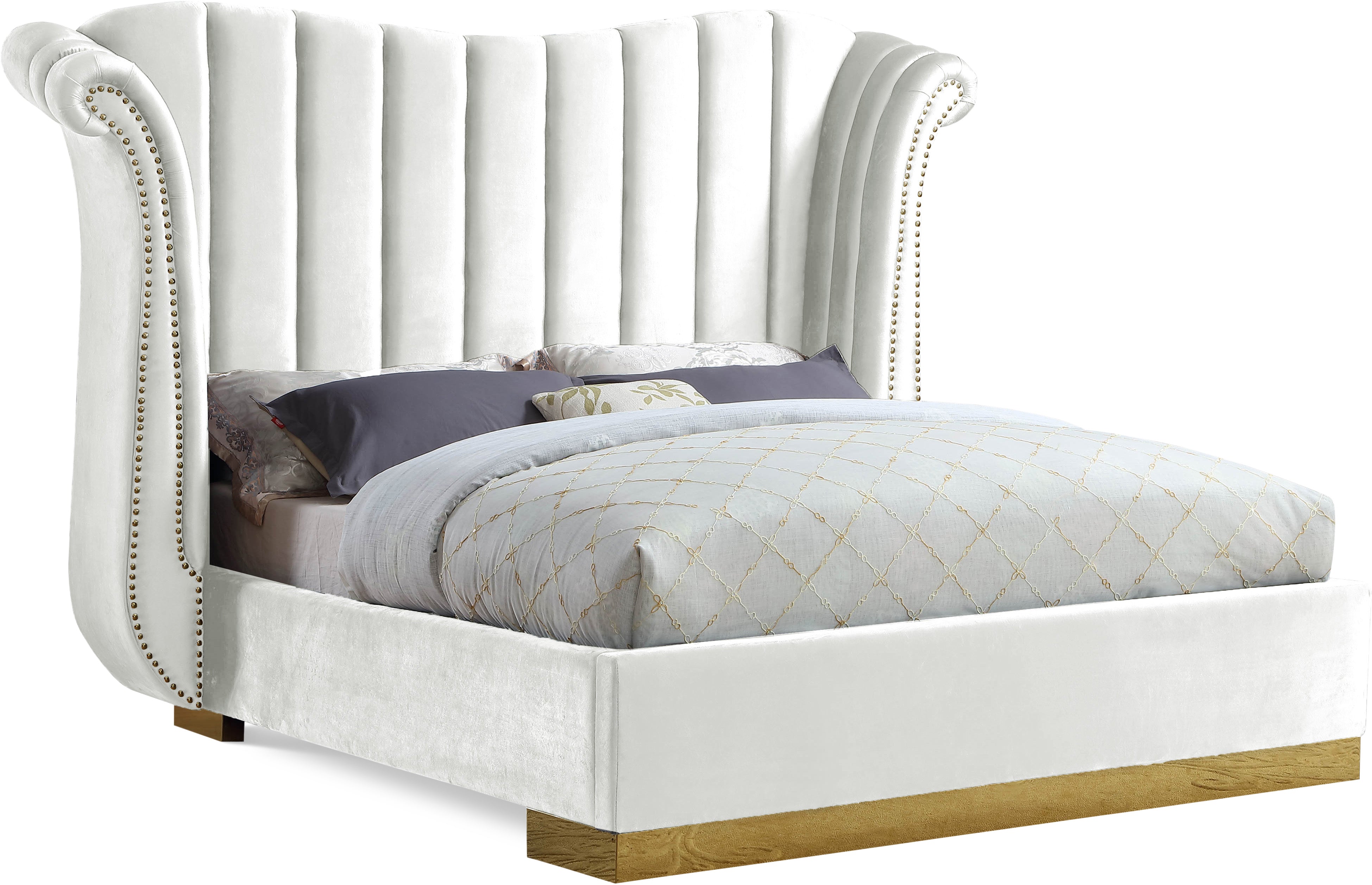 Flora White Velvet Queen Bed (3 Boxes)