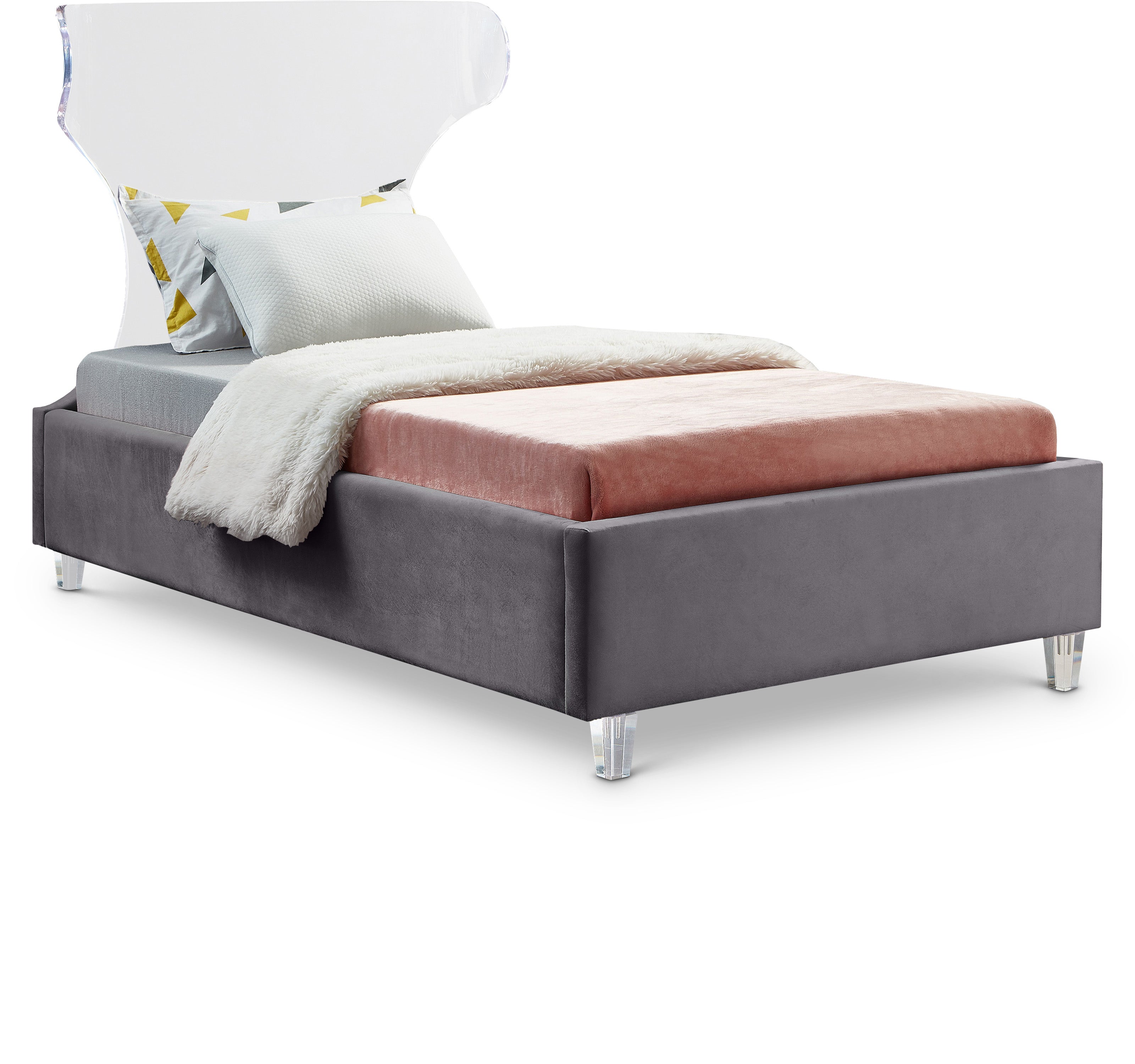 Ghost Grey Velvet Twin Bed