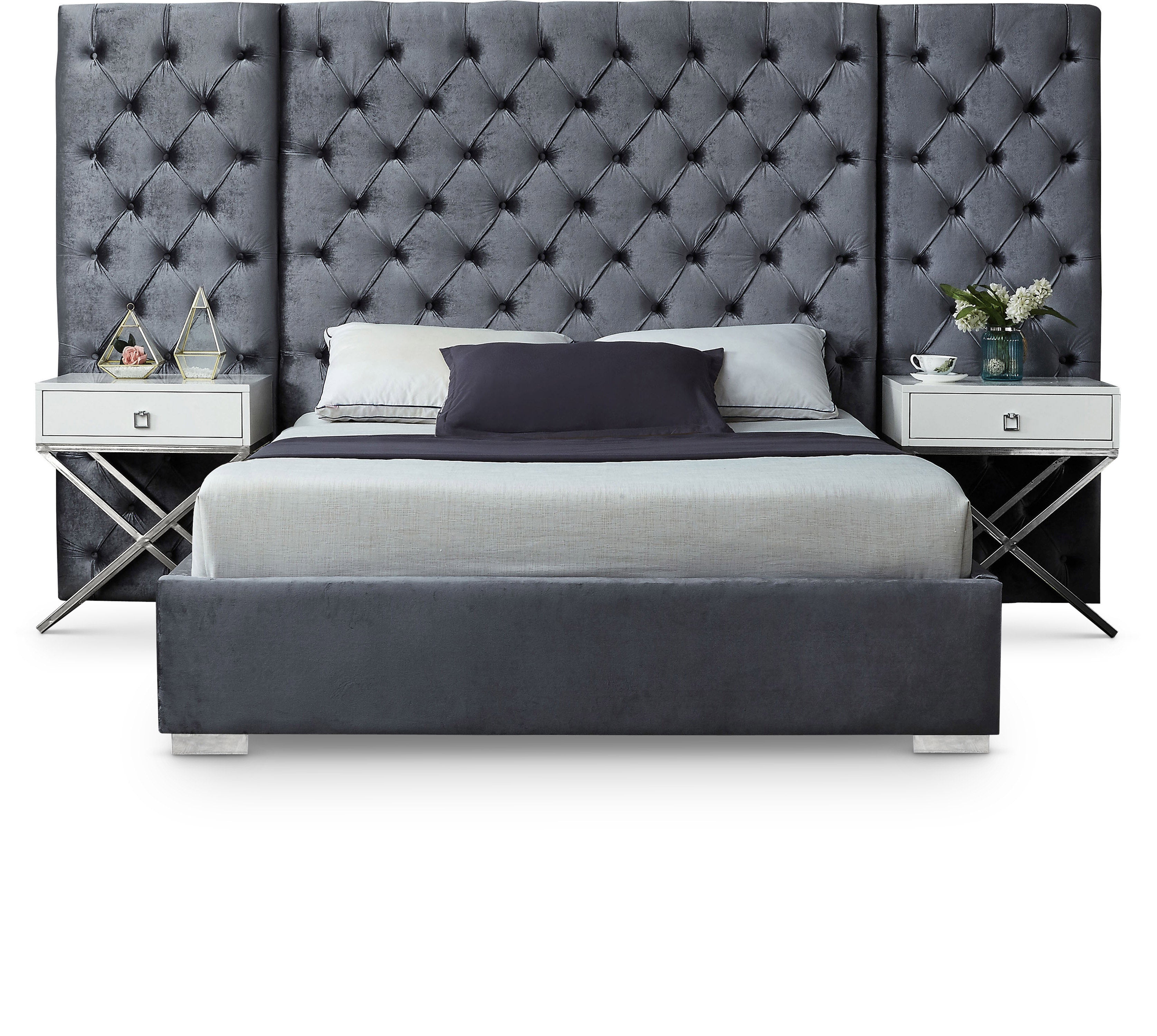 Grande Grey Velvet King Bed (3 Boxes)