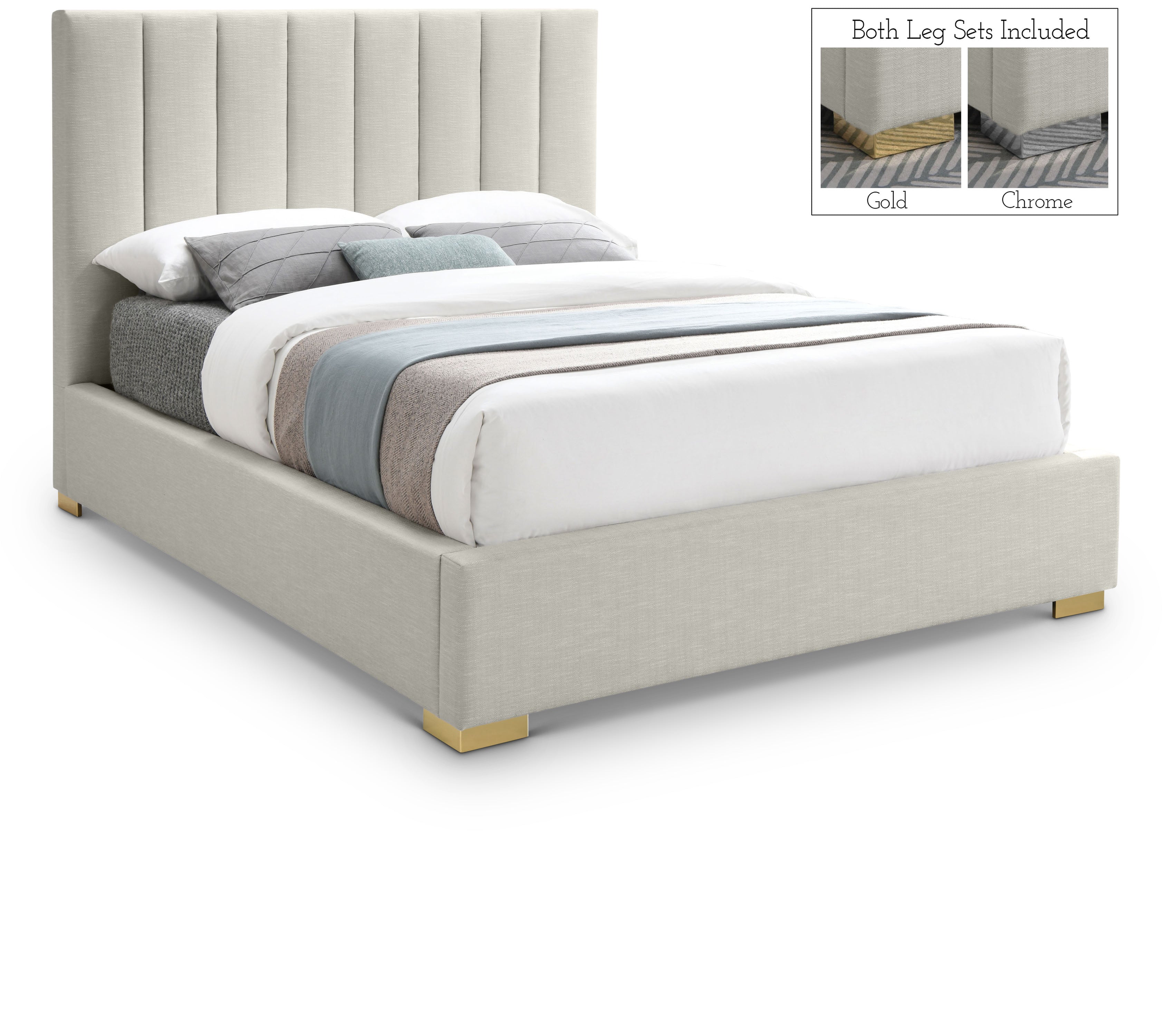 Pierce Beige Linen Textured Fabric Queen Bed