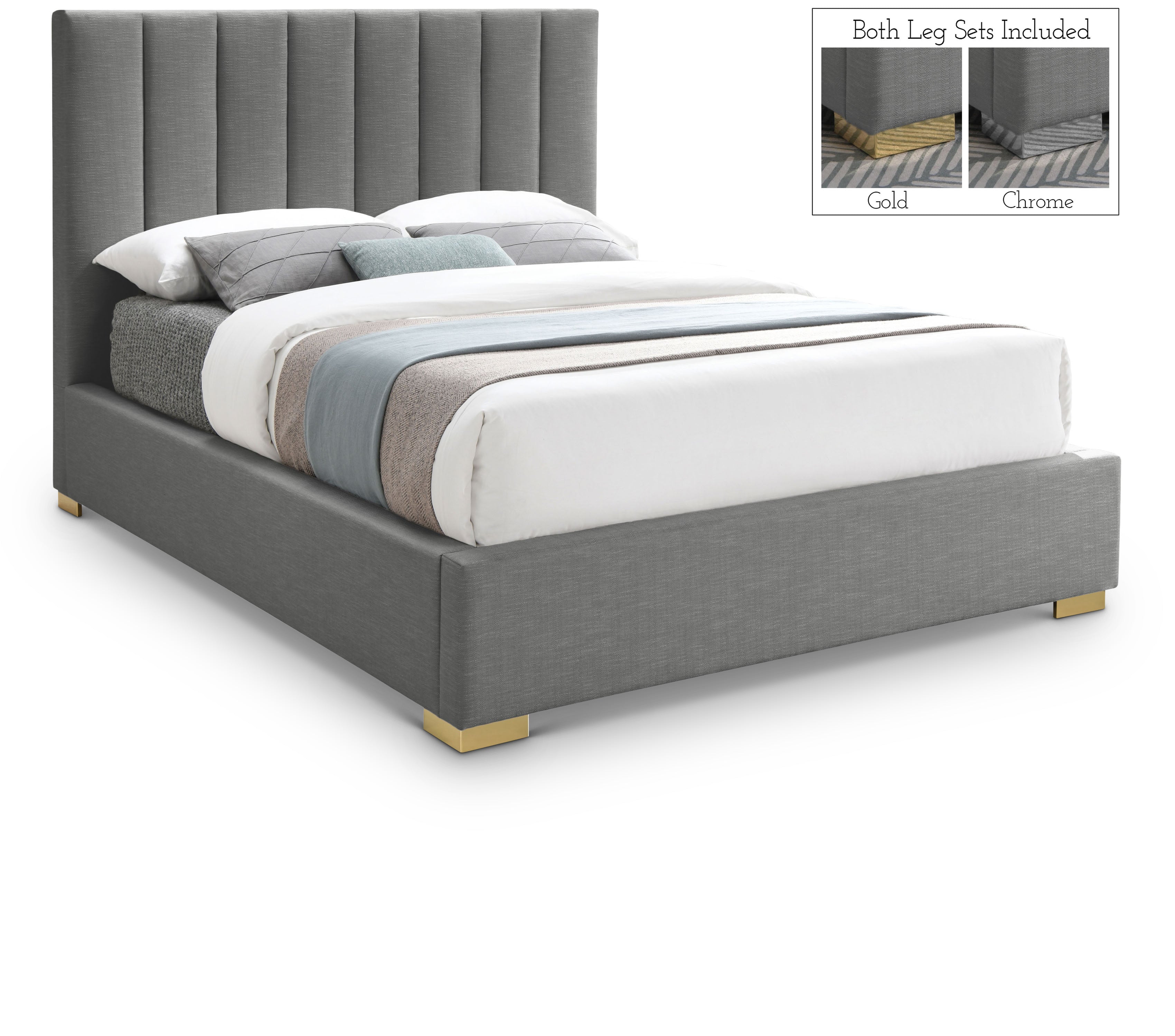 Pierce Grey Linen Textured Fabric Queen Bed