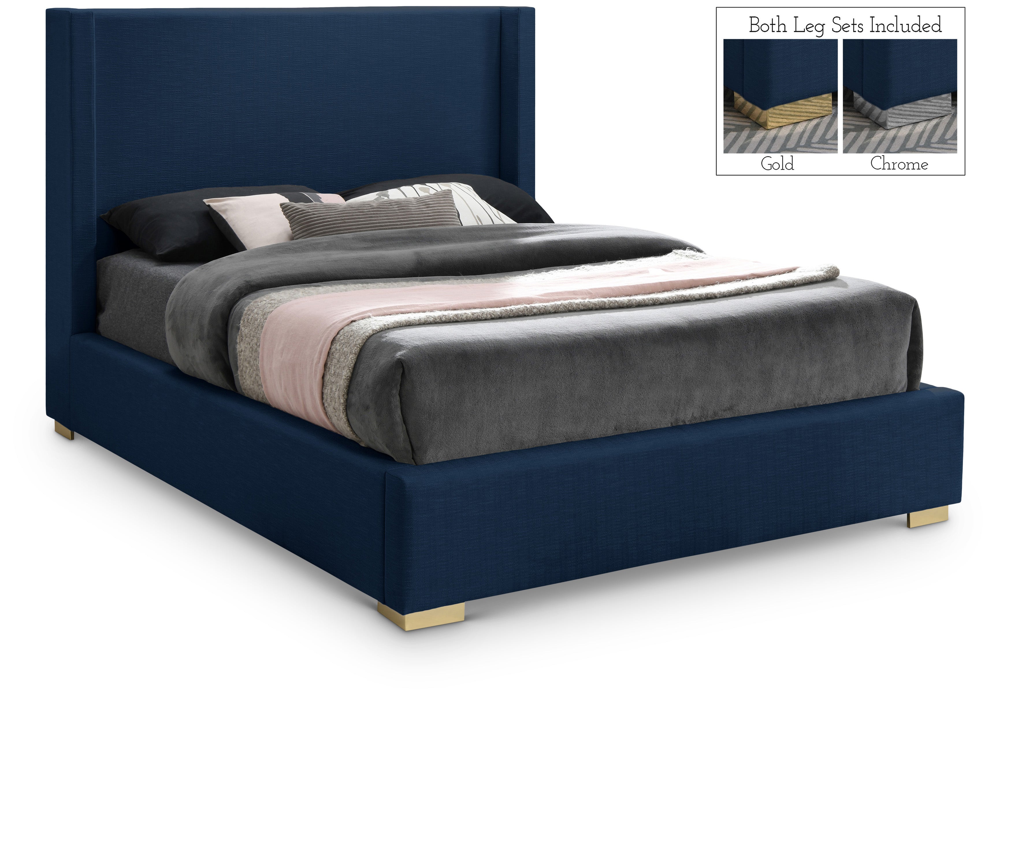 Royce Navy Linen Textured Fabric Full Bed (3 Boxes)