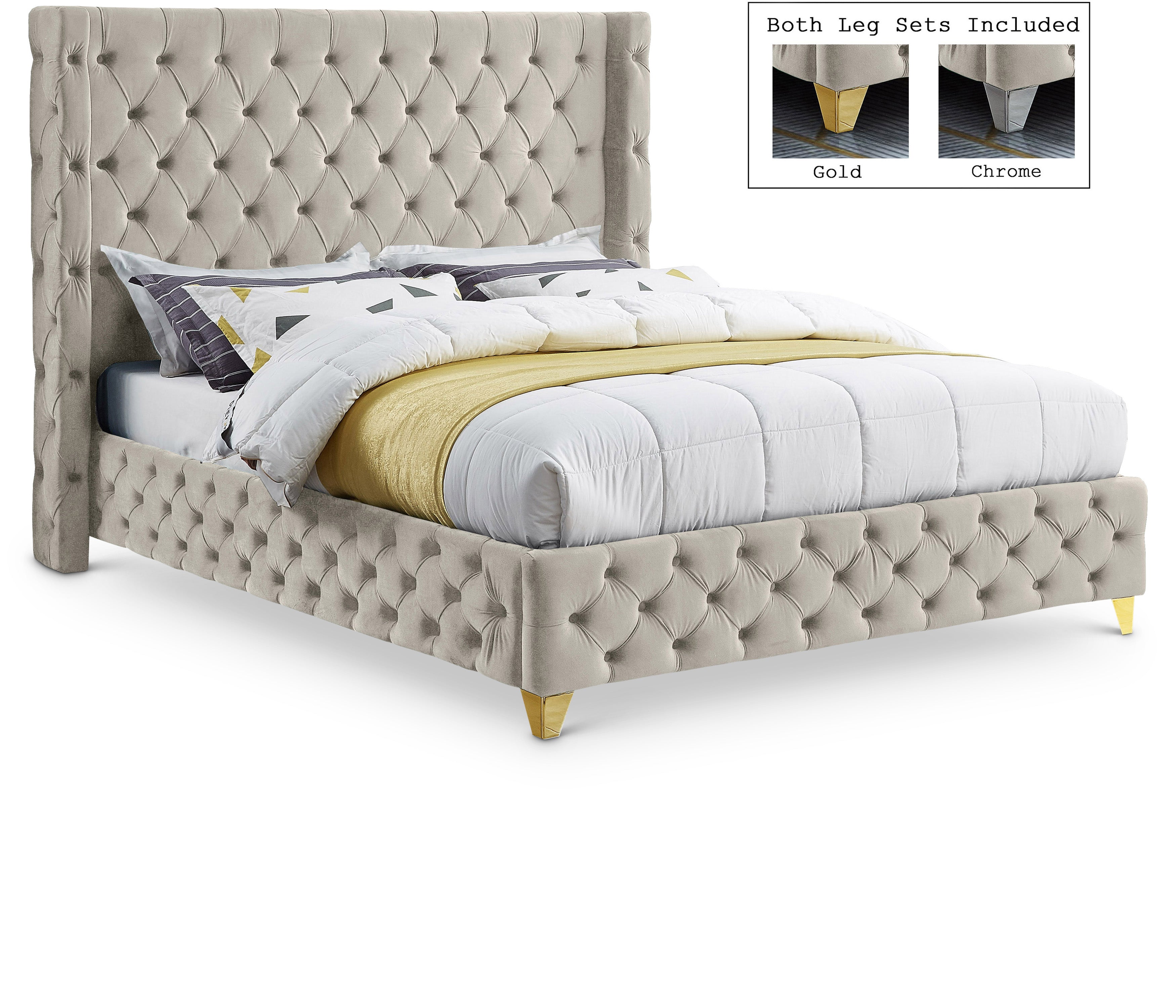 Savan Cream Velvet Queen Bed