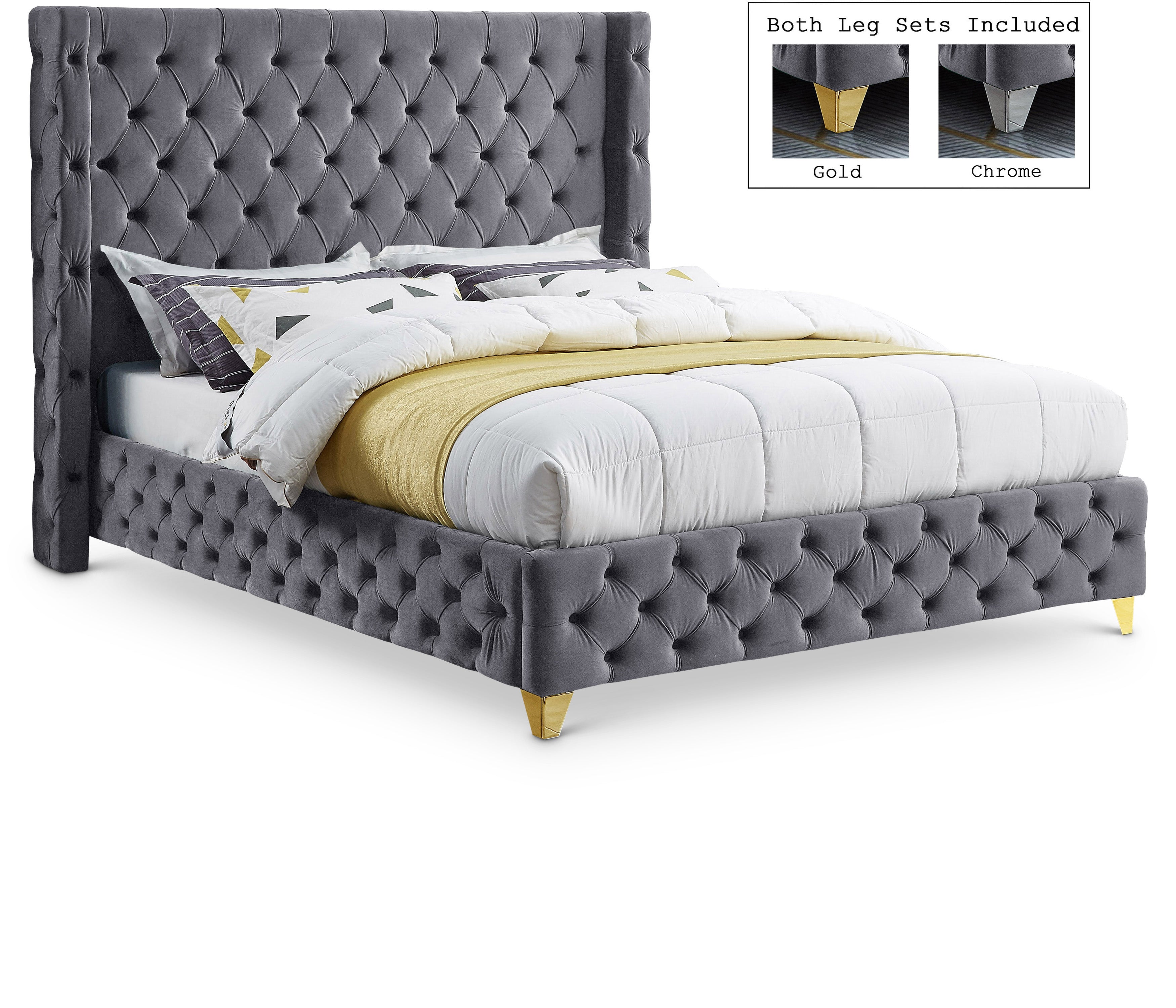 Savan Grey Velvet Queen Bed