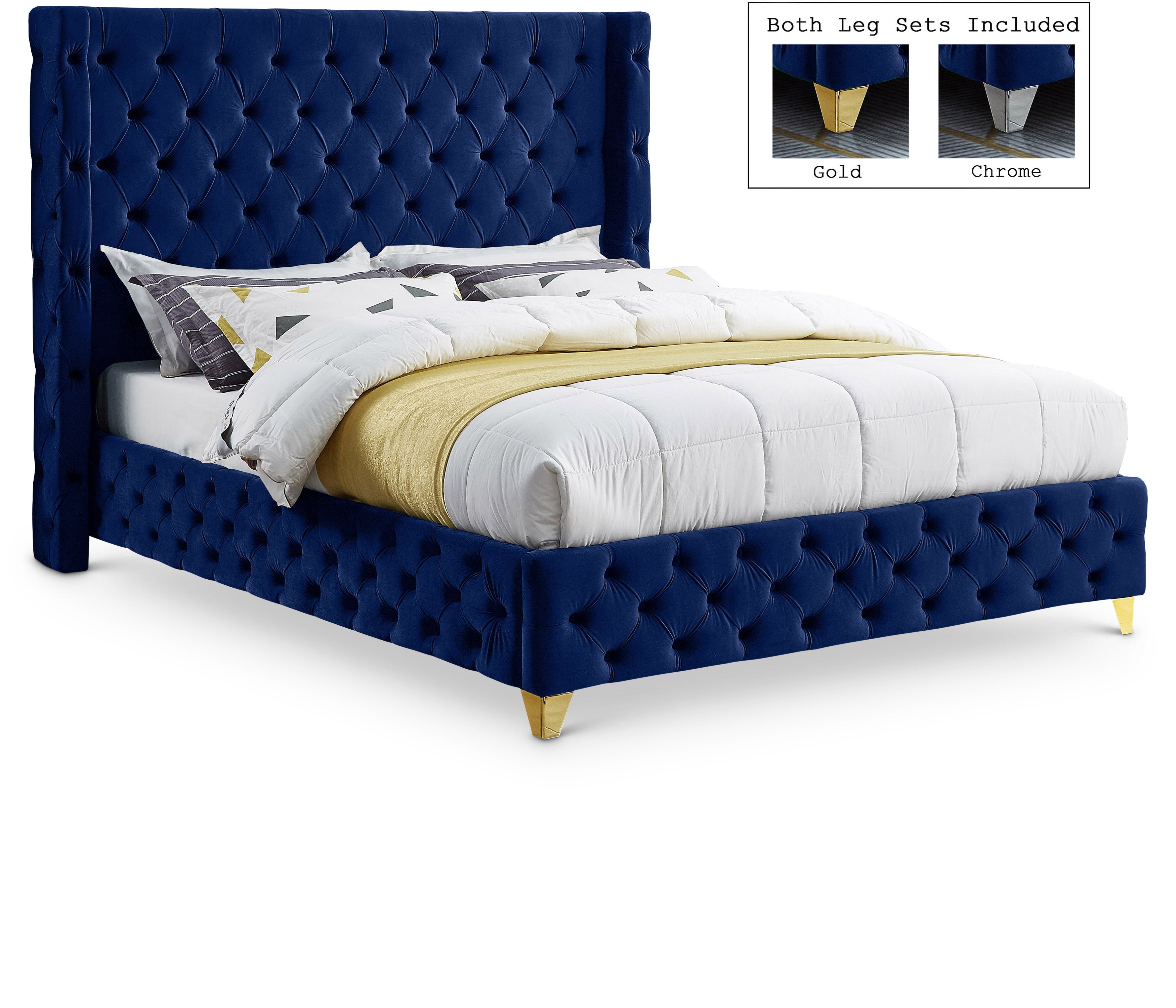 Savan Navy Velvet Queen Bed