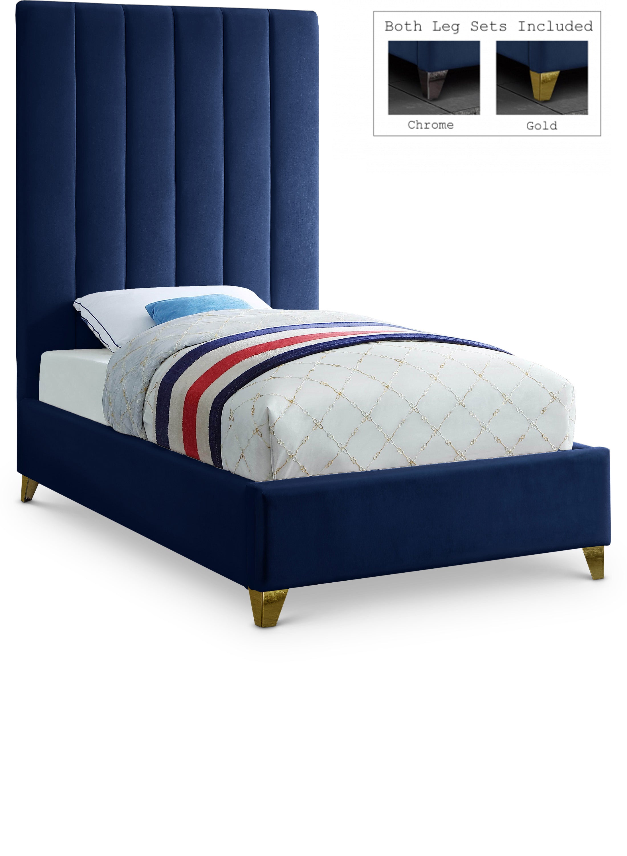 Via Navy Velvet Twin Bed