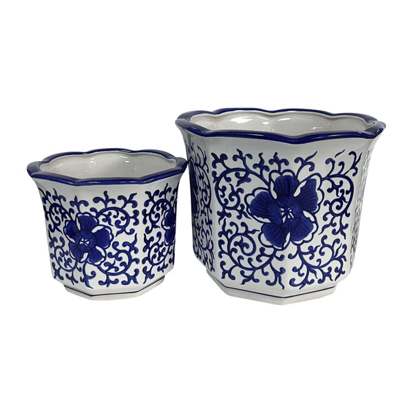 Cer, S/2 6/8" Chinoiserie Planters, Blue/white